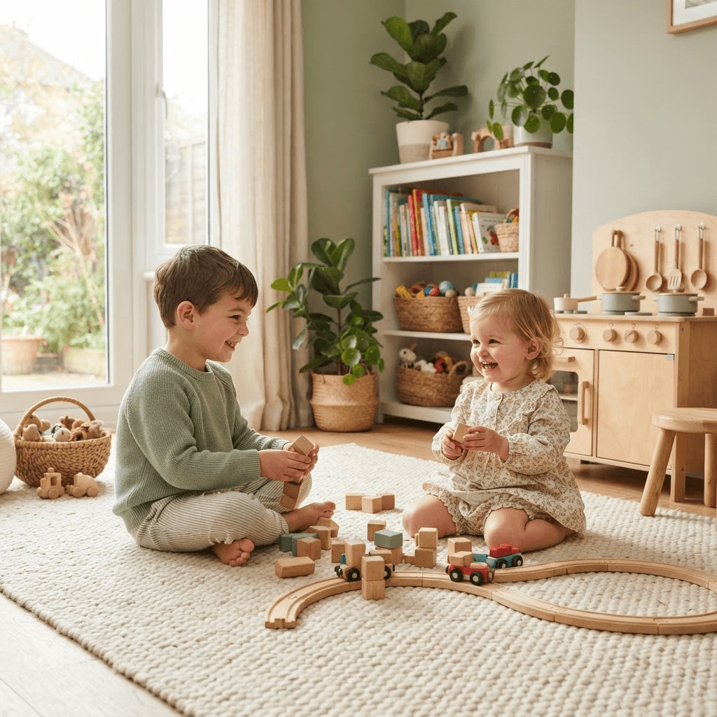 Dos niños jugando con juguetes de madera en un espacio cálido