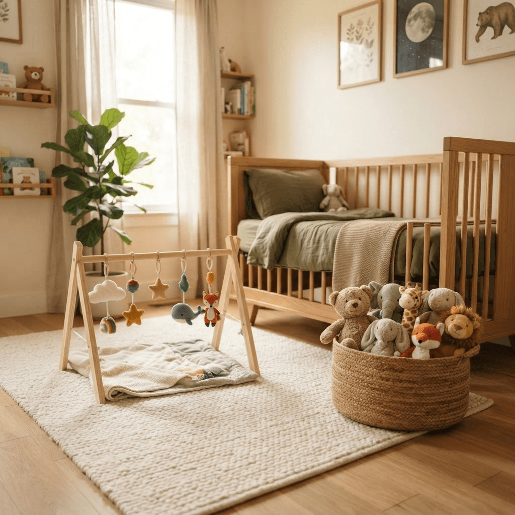 Rincón de juego para bebés con canasto de peluches y gimnasio de madera