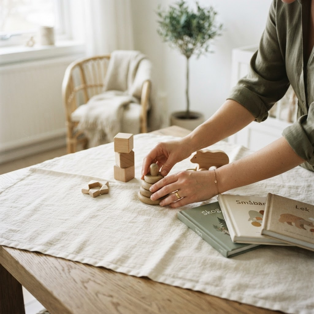 Manos ordenando juguetes de madera y libros infantiles